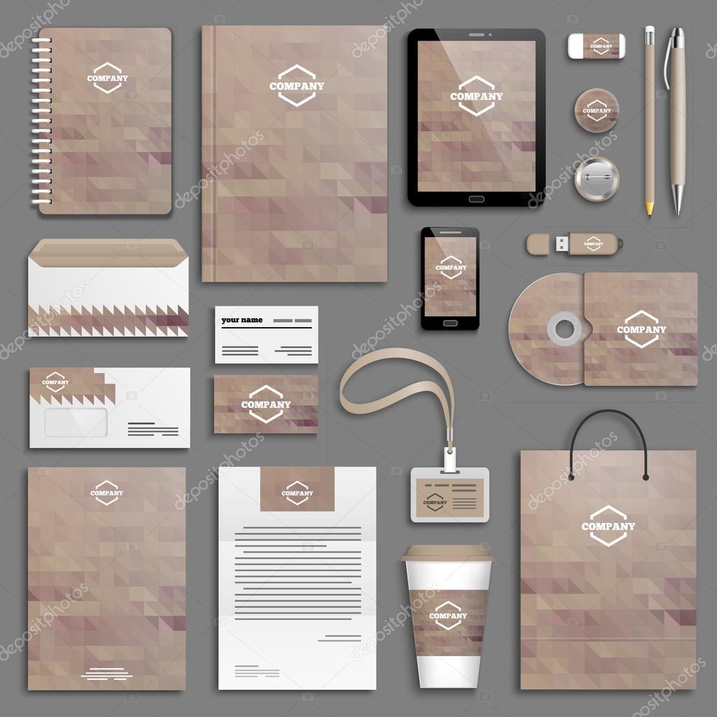 Corporate identity template set. Business stationery mock-up with logo. Branding design. Letter envelope, card, catalog, pen, pencil, badge, paper cup, notebook, tablet pc, mobile phone, letterhead