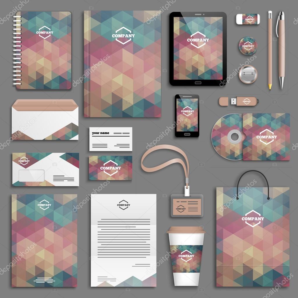 Corporate identity template set. Business stationery mock-up with logo. Branding design. Letter envelope, card, catalog, pen, pencil, badge, paper cup, notebook, tablet pc, mobile phone, letterhead