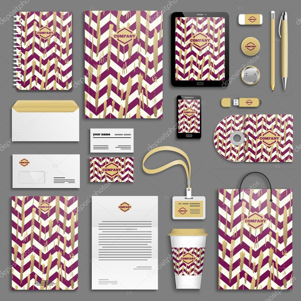 Gold winy corporate identity templates set. Business stationery mock-up with logos. Branding design.