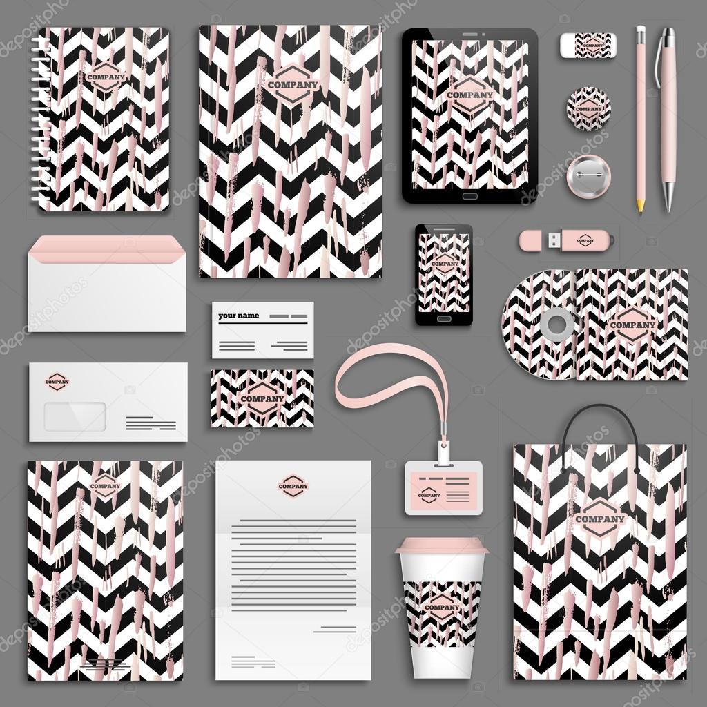Rose gold brush strokes and black and white stripes Corporate identity templates set. Business stationery mock-up with logos. Branding design.