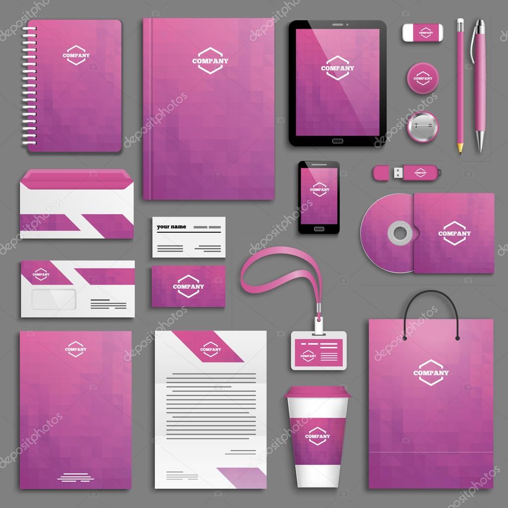 Purple Corporate identity templates set. Business stationery mock-up with logos. Branding design.