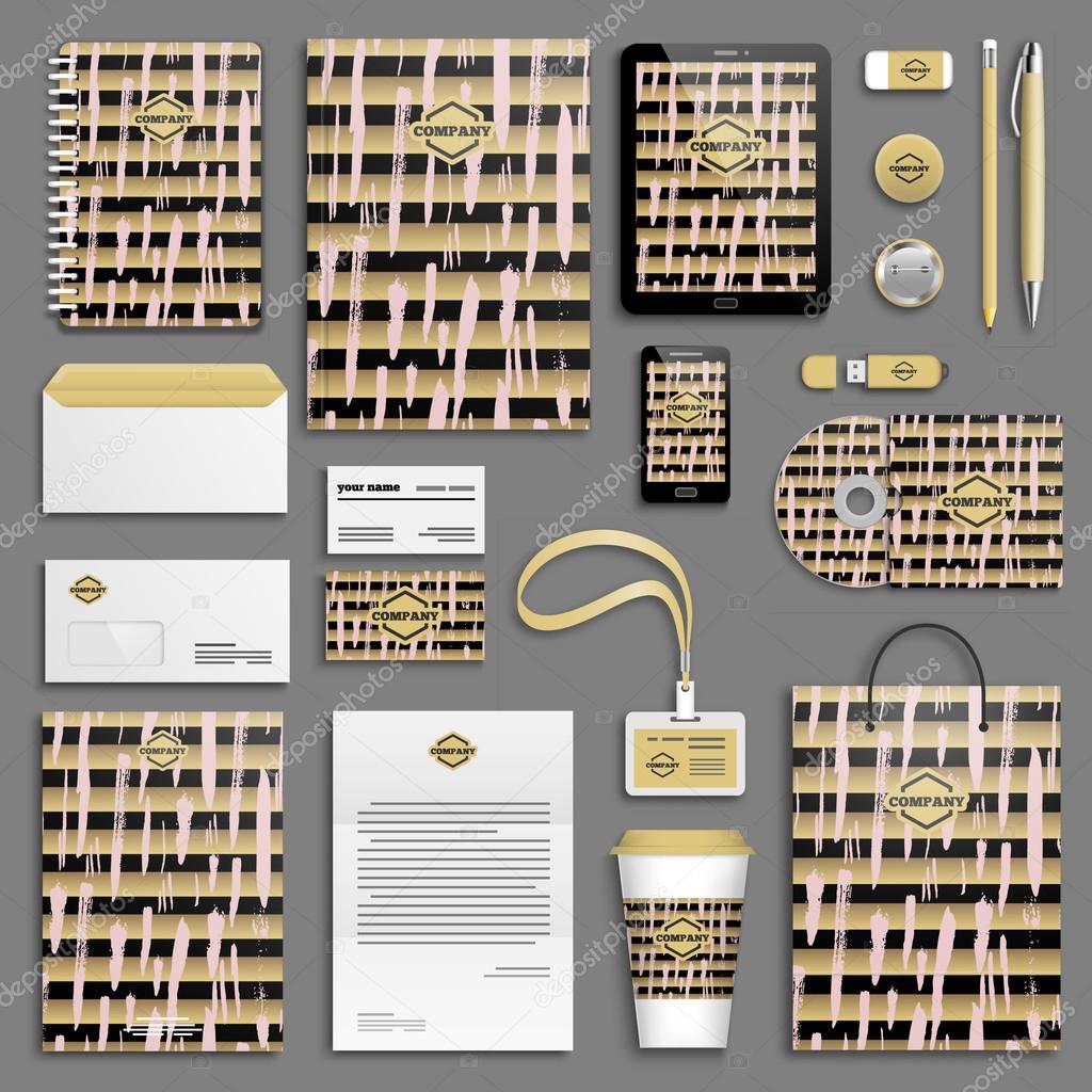 Gold rose quartz corporate identity templates set. Business stationery mock-up with logos. Branding design.