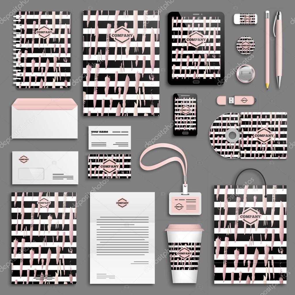 Rose gold brush strokes and black and white stripes Corporate identity templates set. Business stationery mock-up with logos. Branding design.
