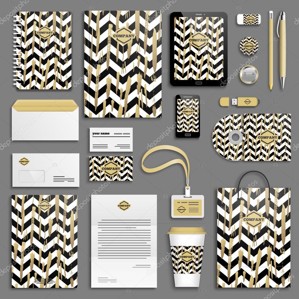 Gold brush strokes and black and white stripes chevrons Corporate identity templates set. Business stationery mock-up with logos. Branding design.