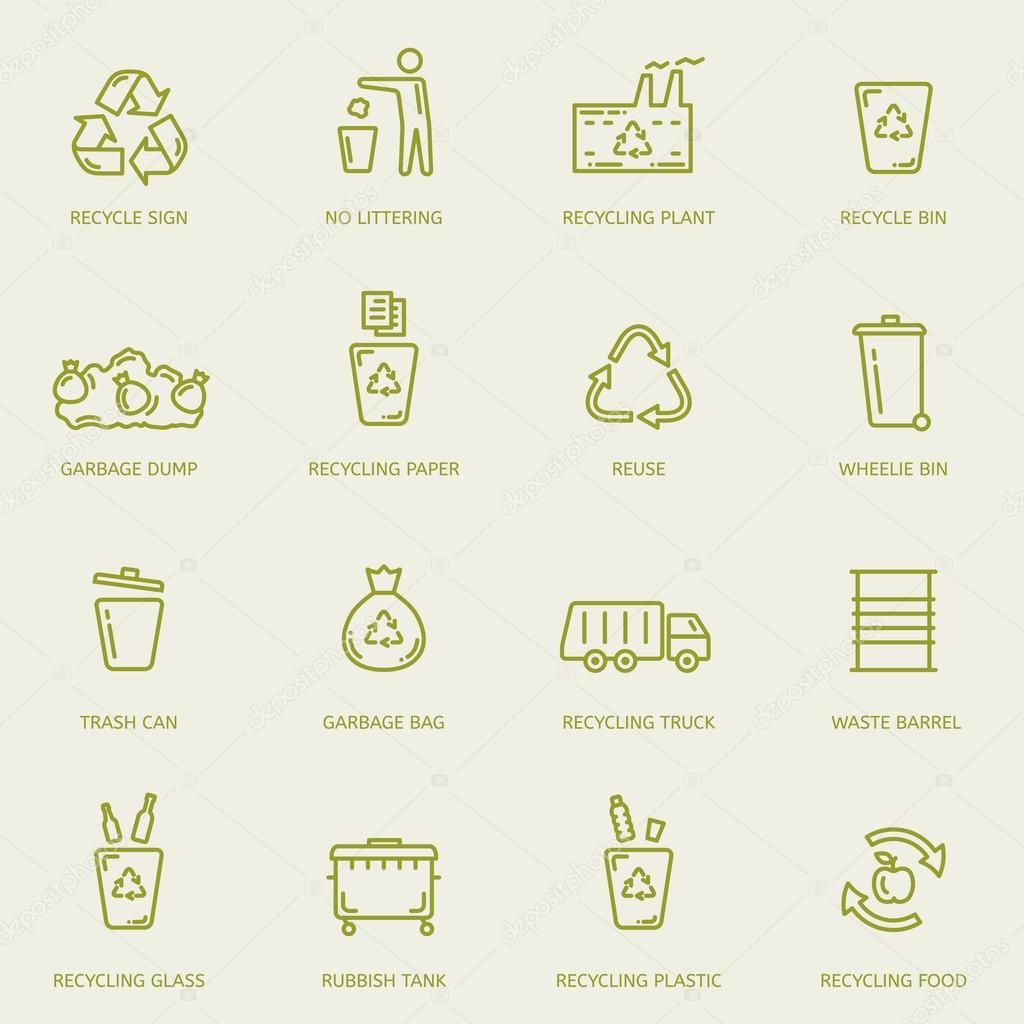 Recycling garbage linear icons set.