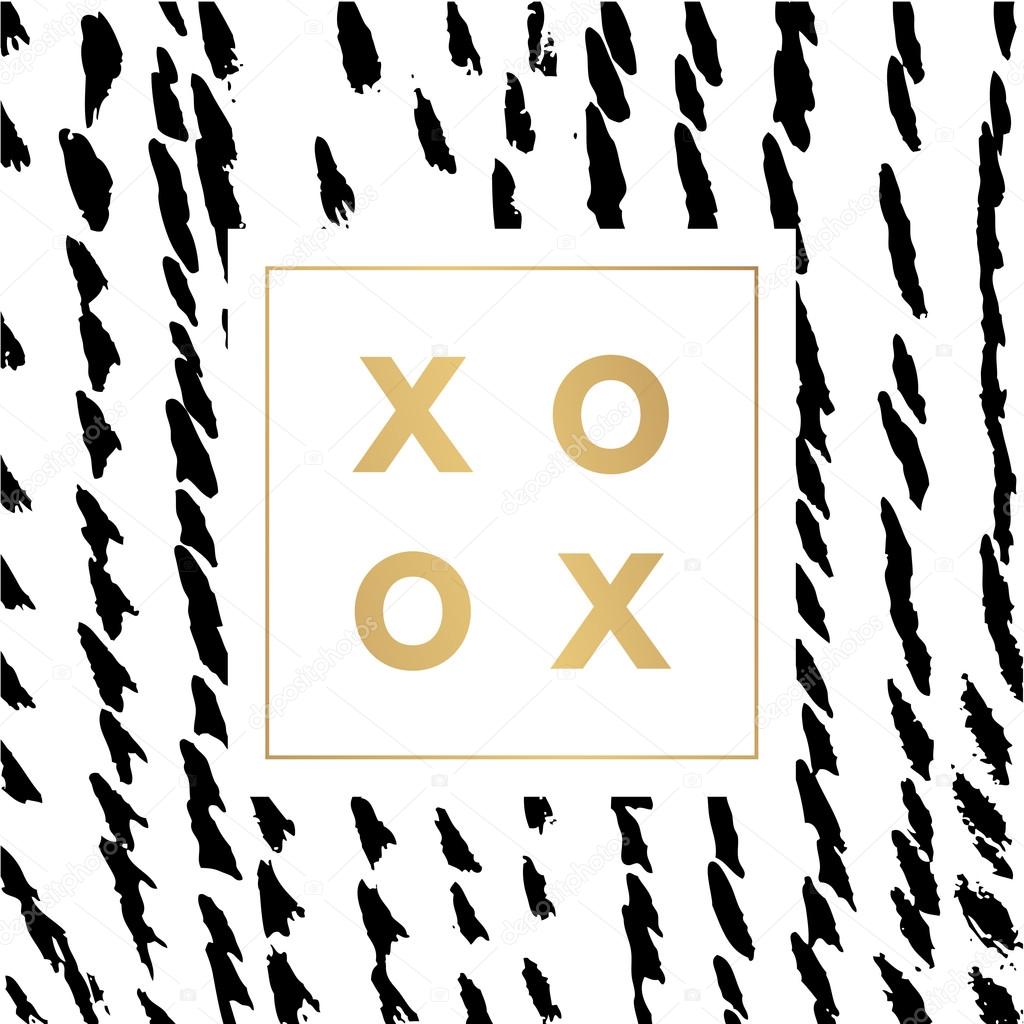 Romantic love XOXO minimal logo in frame with gold glitter stokes. Vintage modern label in frame outline geometric background. Package template. Trend layout, art print. Valentine day greeting card