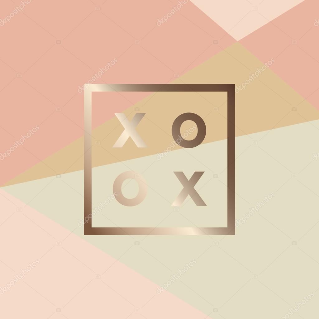 Romantic love XOXO gold minimal logo in frame on geometric layout. Vintage modern label in frame outline geometric background. Package template. Trend layout, art print. Valentine day greeting card