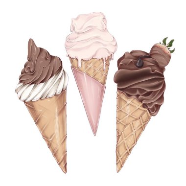 Üç lezzetli dondurma. Çikolatalı vanilya, çilekli ve çilekli çikolata..