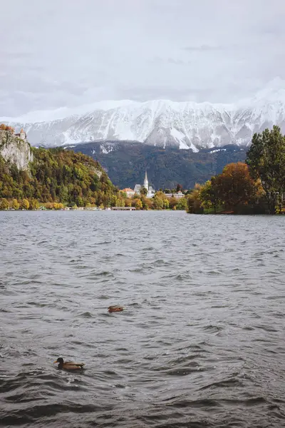 Vista Los Picos Nevados Las Montañas Sobre Fondo Del Lago — Foto de Stock