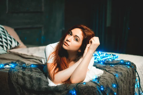 Redhead Woman Stay Cozy Home Alone Celebrate New Year Lying — Stock Photo, Image