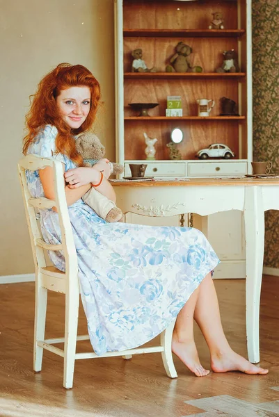 Portrait Cute Redhead Woman Freckles Blue Dress Sitting Teddy Bear — Stock Photo, Image