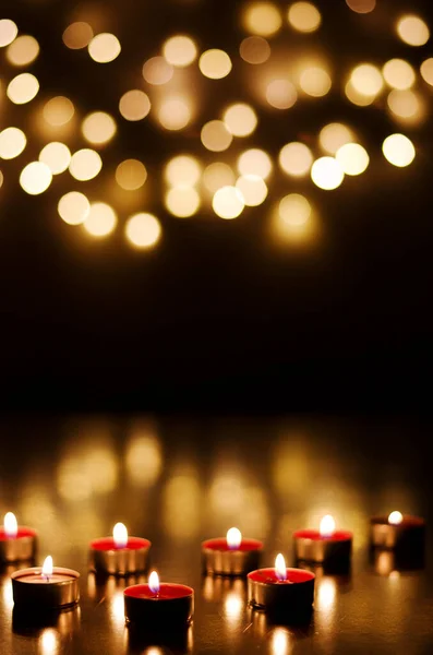 Burning Candles Festive Bokeh Black Background Holiday Concept Concept Prayer — Stock Photo, Image