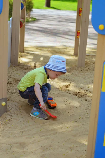 Happy Family Concept Little Cheerful Boy Playing Park Playground Laughing — Stock Photo, Image