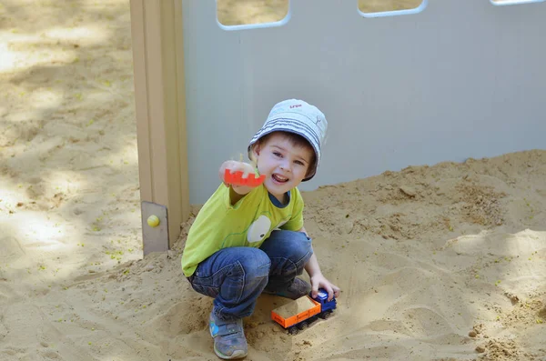 Happy Family Concept Little Cheerful Boy Playing Park Playground Laughing — Stock Photo, Image