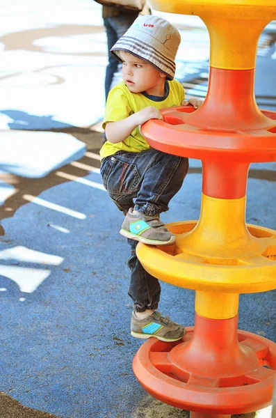 Happy Family Concept Little Cheerful Boy Playing Park Playground Laughing — Stock Photo, Image
