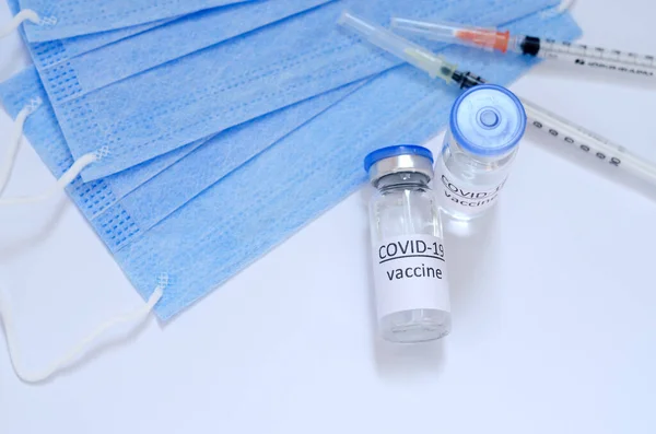 Idées Créatives Concept Vaccination Vue Dessus Seringue Avec Des Masques — Photo