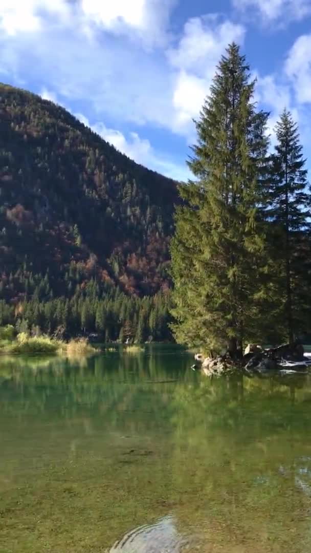 Scénický Pohled Modré Italské Jezero Laghi Fusine Proti Barevnému Podzimnímu — Stock video