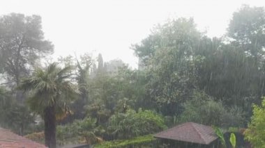 Adriyatik kıyısındaki köy üzerinde bahar günü yoğun bir tropikal yağmur ve fırtınanın manzarası. Yağmurlu bir günde balkondan avuçlara kadar manzara. Portoro, Slovenya. 