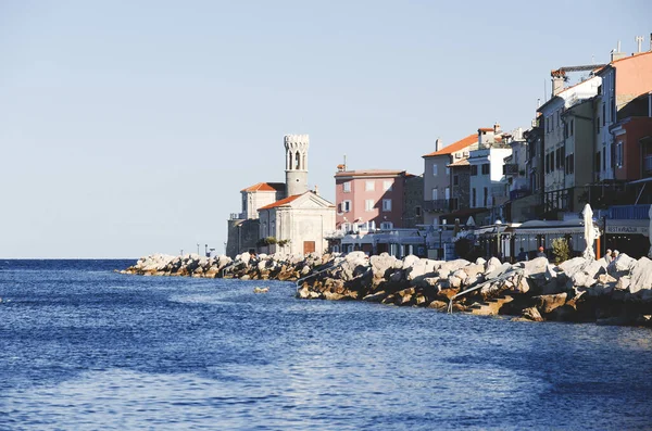 Red Roofs Historical Center Old Town Piran Beautiful Lighthouse Sunrise — Stock Photo, Image