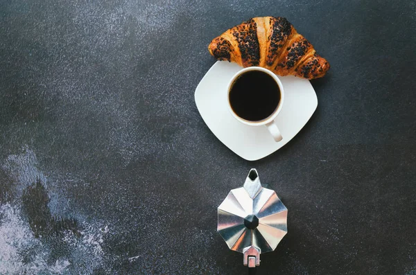 Businessman Working Morning Notebook Cup Hot Coffee Sweet Croissant Black — Stock Photo, Image