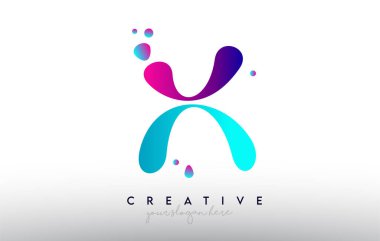 X Harfi Tasarım Logosu. Gökkuşağı Balonlu Sakız Harf Renkleri Noktalar ve Sıvı Renkli Yaratıcı Şekiller