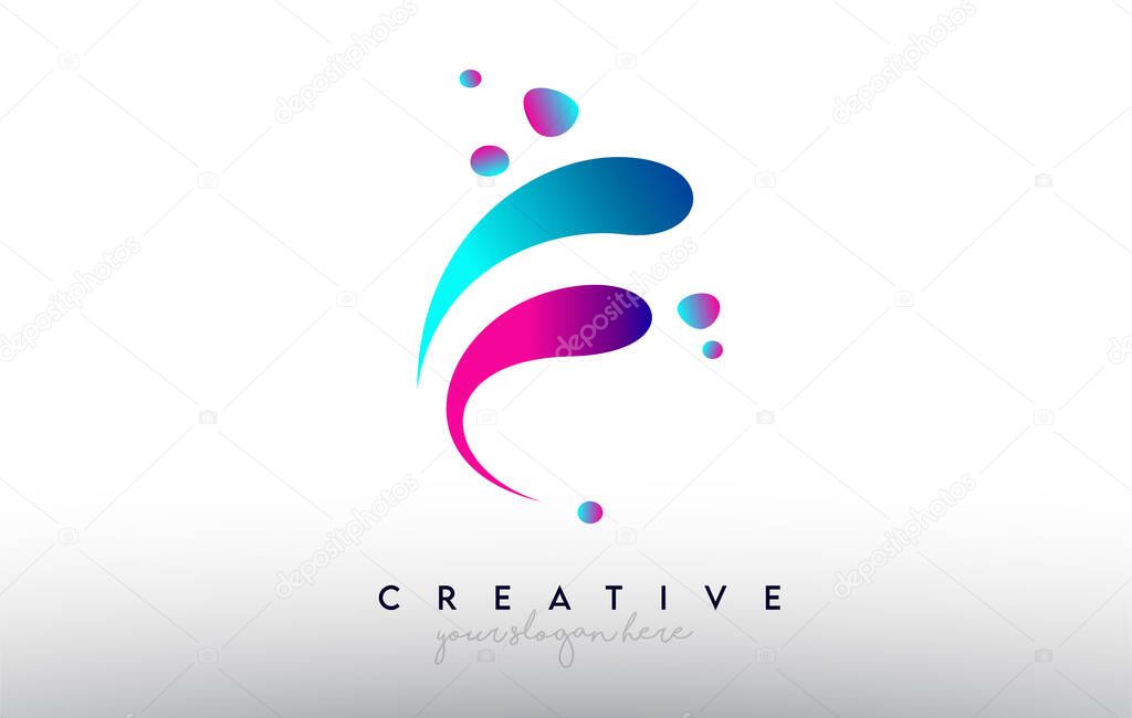 F Letter Design Logo. Rainbow Bubble Gum Letter Colors with Dots and Fluid Colorful Creative Shapes