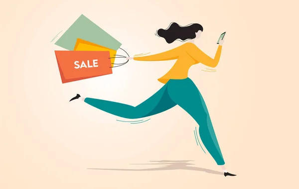 Mujer Corriendo Para Las Ventas Compras Con Teléfono Móvil Mano — Vector de stock