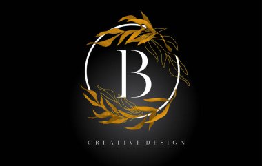 Altın Yaprak Harf B Logo Tasarımı Altın yapraklar ve Basit Zarif Harf