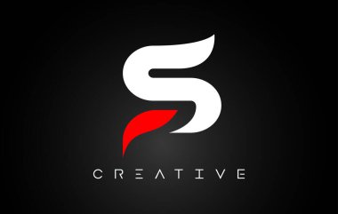 S Harfi Tasarım Logosu Siyah arkaplan Vektörü üzerinde beyaz ve kırmızı renkler