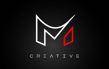 Siyah arkaplan vektöründe Monogram Çizgisi Beyaz ve Kırmızı Renkli M Harfi Tasarım Logosu