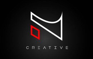 Siyah arkaplan vektörü üzerinde beyaz ve kırmızı renkli monogram çizgisi olan N Harfi Tasarım Logosu