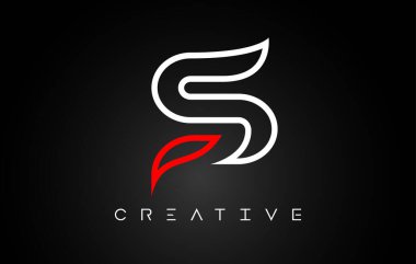 S Harfi Tasarım Logosu Siyah arkaplan Vektörü üzerinde Monogram Çizgisi Beyaz ve Kırmızı Renkler