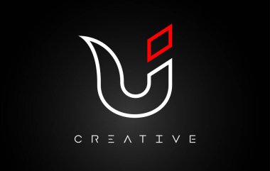 Siyah arkaplan vektöründe Monogram Çizgisi Beyaz ve Kırmızı Renkli U Harfi Tasarım Logosu