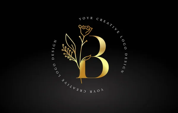 Logotipo Dorado Del Diseño Letra Del Oro Con Idea Floral — Archivo Imágenes Vectoriales