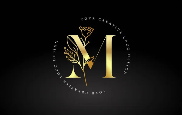 Golden Gold Letter Design Logo Floral Leaf Plant Idea Cosmetic — Διανυσματικό Αρχείο