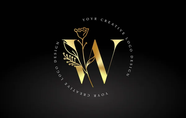 Golden Gold Letter Design Logo Met Floral Leaf Plant Idee — Stockvector