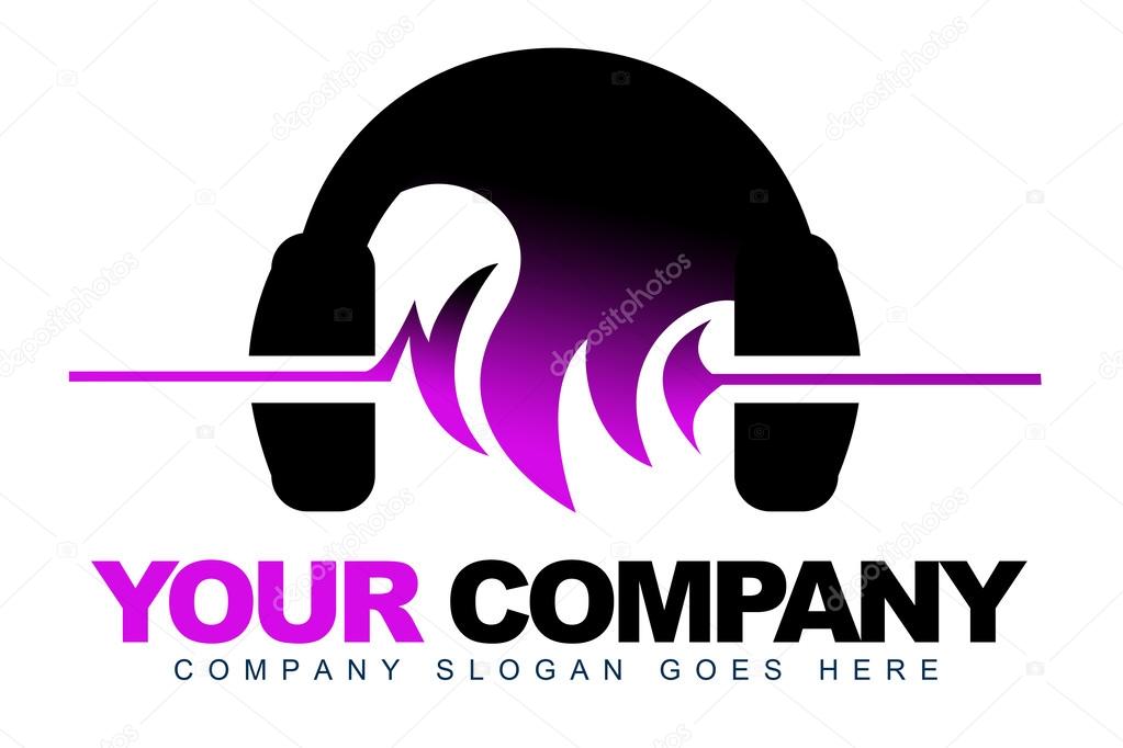 An illustration of a Dj logo representing headphones with sound waves hairstyle.