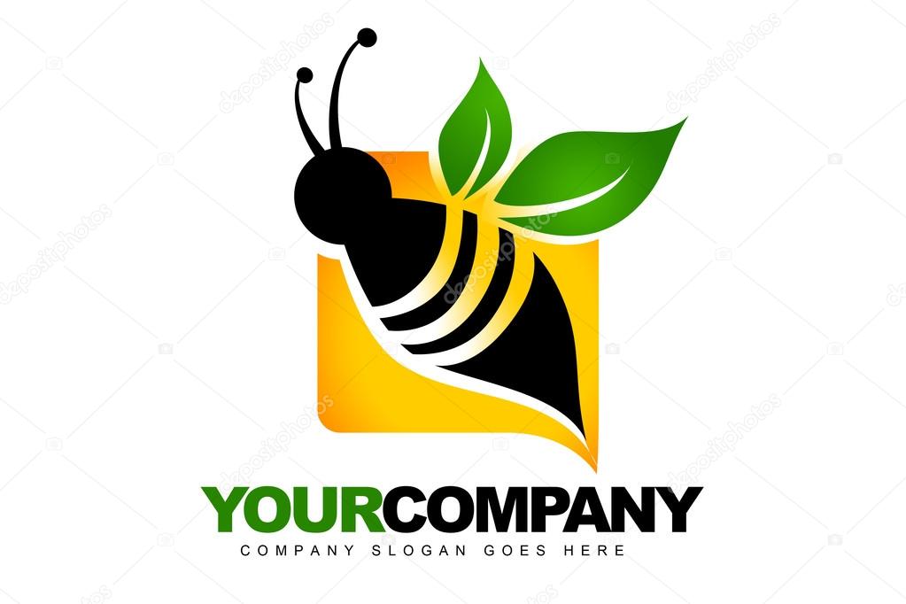 An illustration of a logo representing an abstract bee with a green leaf.