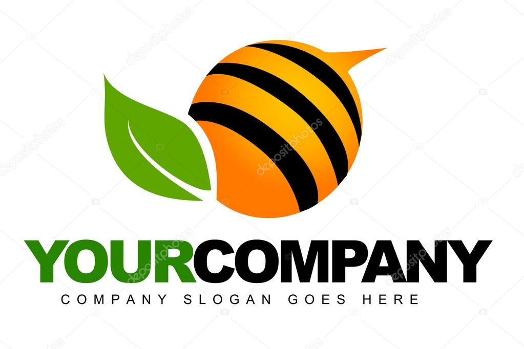 An illustration of a logo representing an abstract bee with a green leaf.