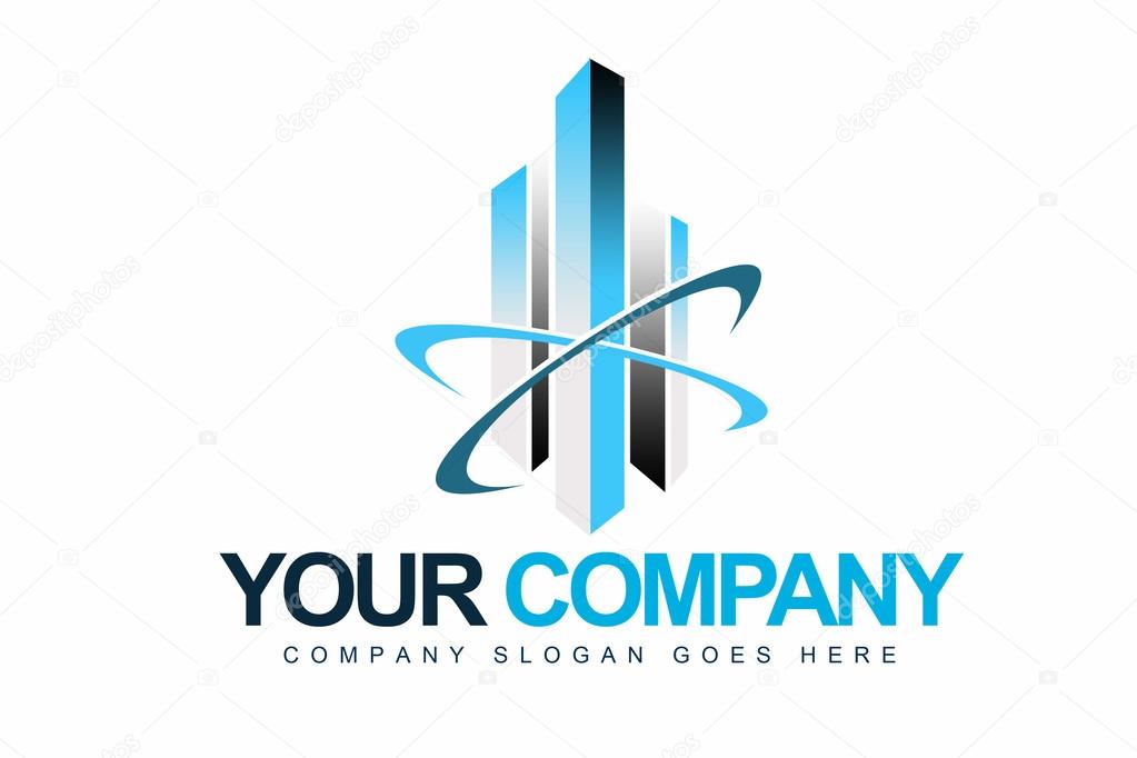 An illustration of a logo representing a blue business building and swashes.