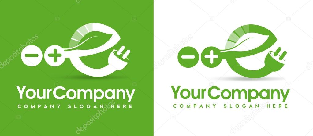 Illustration drawing representing an eco energy logo made out of a green leaf and an electric plug.