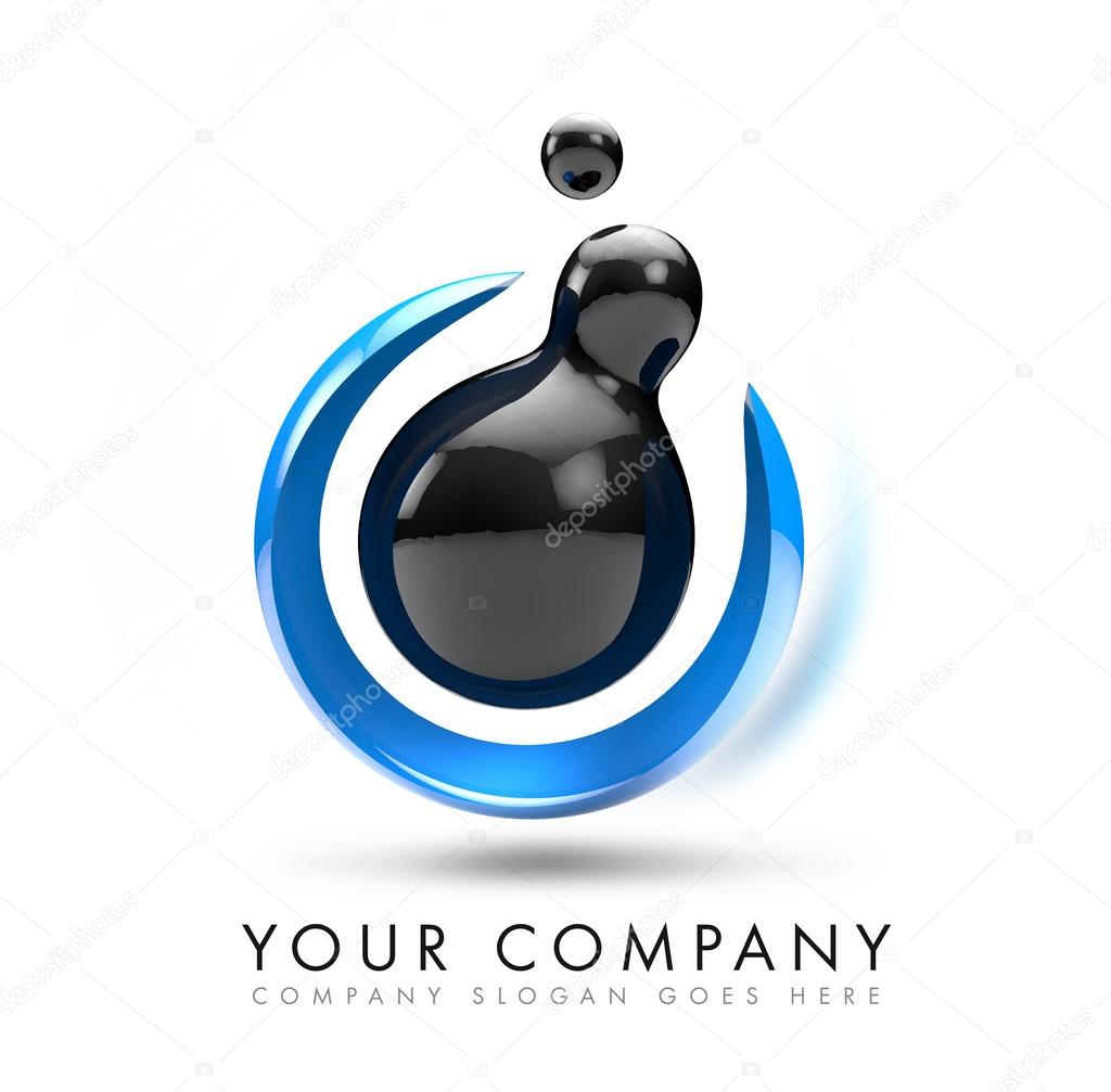 A 3D illustration representing a black 3d sphere logo levitating with blue abstract shape arround it.
