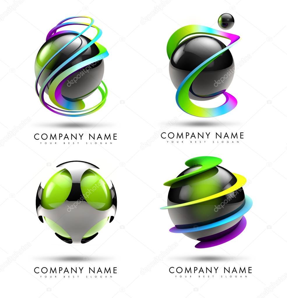 A 3D logo illustration representing a set of 4 black 3d spheres with twisted rainbow swashes around it.