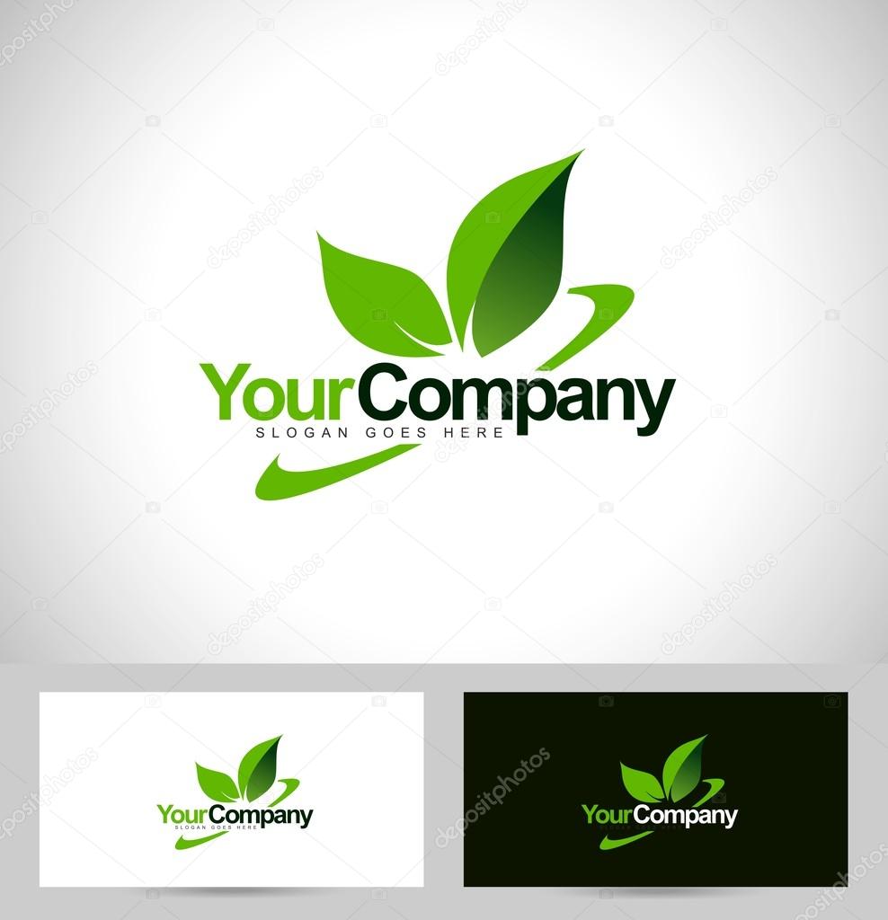 Green leaf logo vector with swash and company name text