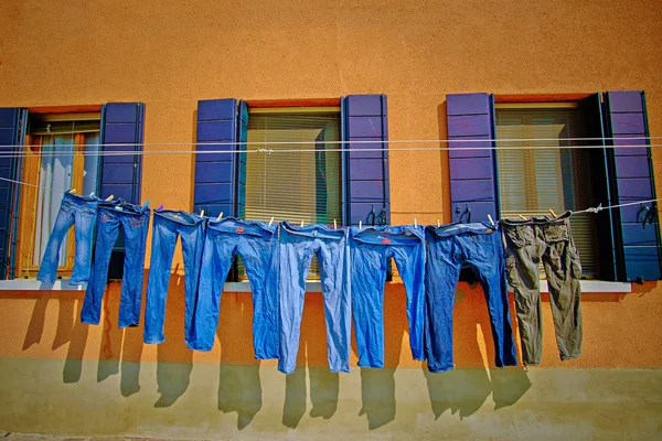 Džíny, sušení na prádelní šňůře — Stock fotografie
