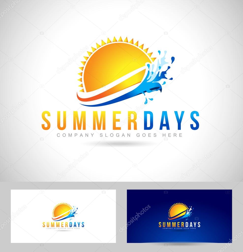 Sun Summer Logo Design. Creative sun logo with water splash and business card template.