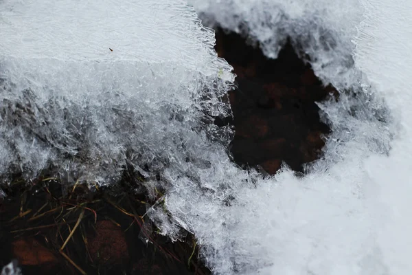 Παγωμένη Όχθη Του Ποταμού Closeup Του Χιονιού Σχήμα Κρυστάλλου Πάγου — Φωτογραφία Αρχείου