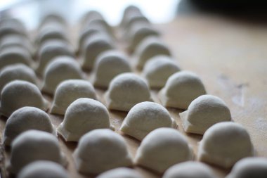 Geleneksel Rus mutfağında doğranmış etli börek. Yakın çekim yiyecek tahtanın üzerinde un ile diz çökecek. 