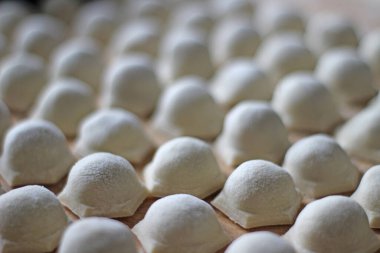 Geleneksel Rus mutfağında doğranmış etli börek. Yakın çekim yiyecek tahtanın üzerinde un ile diz çökecek. 