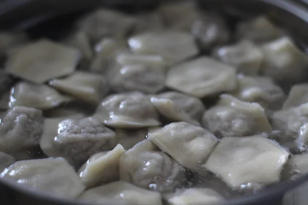 Dumplings Cooked Saucepan Boiling Water Homemade Traditional Russian Cuisine Chopped — Stock Photo, Image